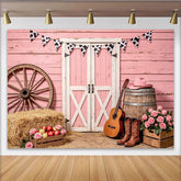 Lofaris Pink Western Barn Photography Backdrop with Cow Print Bunting, Rustic Farm Photo Background for Studio Photoshoot and Party Decor