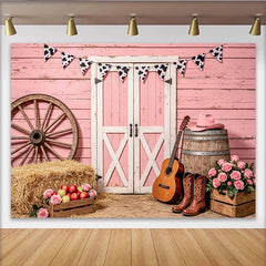 Lofaris Pink Western Barn Photography Backdrop with Cow Print Bunting, Rustic Farm Photo Background for Studio Photoshoot and Party Decor