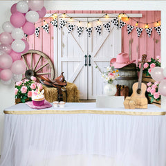 Lofaris Pink Western Barn Photography Backdrop with Cow Print Bunting, Rustic Farmhouse Background for Studio Photoshoot
