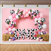 Lofaris Pink Cow Print First Birthday Backdrop with Balloons and Flowers, Farm Theme Photo Background for Baby Girl Party Decoration