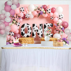 Lofaris Pink Cow Print 1st Birthday Backdrop with Balloons and Flowers, Cute Farm Animal Theme Photo Background for Baby Girl Party