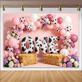 Lofaris Pink Cow Print 1st Birthday Backdrop with Balloons and Flowers, Cute Farm Animal Theme Photo Background for Baby Girl Party