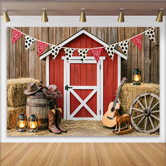 Lofaris Rustic Western Barn Photography Backdrop with Hay Bales and Bunting, Cowboy Boots and Hat Photo Background for Studio Photoshoot