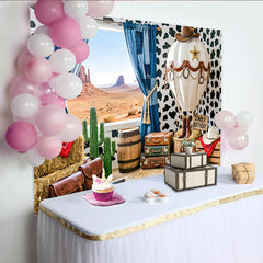 Lofaris Western Cowboy Birthday Backdrop with Desert View, Cow Print Hot Air Balloon Background for Party Photography
