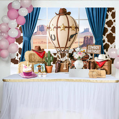 Lofaris Cowboy Birthday Photography Backdrop with Hot Air Balloon, Hay Bales and Desert View, Western Themed Party Decor for Kids Photoshoot