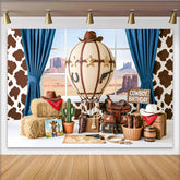 Lofaris Cowboy Birthday Photography Backdrop with Hot Air Balloon, Hay Bales and Desert View, Western Themed Party Decor for Kids Photoshoot