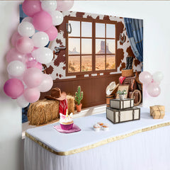 Lofaris Rustic Western Photography Backdrop with Desert Window View and Cowhide Pattern, Cowboy Theme Studio Background for Photoshoot
