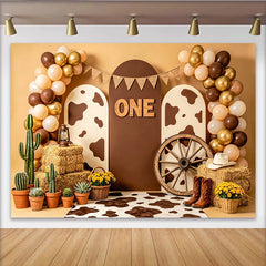 Lofaris Western 1st Birthday Backdrop with ONE Sign, Balloons and Cow Print, Rustic Cowboy Theme Photography Background for Party Decor.