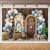 Lofaris Rustic Western First Birthday Backdrop with My First One Sign and Balloons, Cowboy Theme Photo Background for Baby Boy Party.