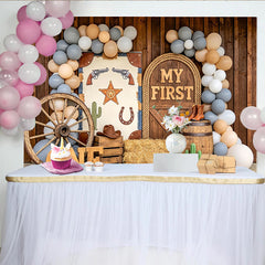 Lofaris Rustic Wooden Barn Western 1st Birthday Backdrop with Balloons and Wagon Wheel, My First Cowboy Photo Background for Party Decor