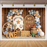 Lofaris Rustic Wooden Barn Western 1st Birthday Backdrop with Balloons and Wagon Wheel, My First Cowboy Photo Background for Party Decor