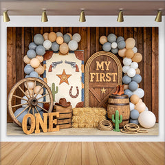 Lofaris Rustic Wooden Barn Western 1st Birthday Backdrop with Balloons and Wagon Wheel, My First Cowboy Photo Background for Party Decor