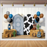 Lofaris Blue Bandana and Cow Print Cowboy Birthday Backdrop with Arched Panels, Western Ranch Party Decor for Kids Photoshoot