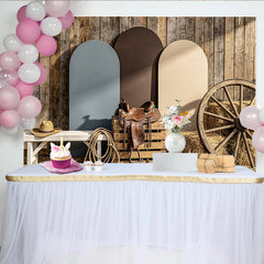 Lofaris Rustic Wooden Wall Western Photography Backdrop with Arched Panels and Wagon Wheel, Country Farm Studio Background for Photoshoot