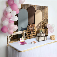 Lofaris Rustic Wooden Wall Western Photography Backdrop with Arched Panels and Wagon Wheel, Country Farm Studio Background for Photoshoot