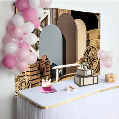 Lofaris Rustic Barn Wood Western Photography Backdrop with Hay Bales and Wagon Wheel, Earthy Arch Panels for Studio Photoshoot
