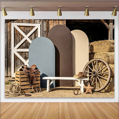 Lofaris Rustic Barn Wood Western Photography Backdrop with Hay Bales and Wagon Wheel, Earthy Arch Panels for Studio Photoshoot
