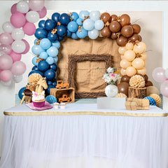 Lofaris Rustic Woodland Baby Shower Backdrop with Blue and Brown Balloons, Charming Photography Background for Boy or Girl Party Decor