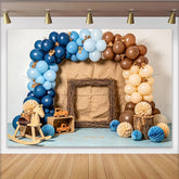 Lofaris Rustic Woodland Baby Shower Backdrop with Blue and Brown Balloons, Charming Photography Background for Boy or Girl Party Decor