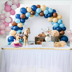 Lofaris Rustic Baby Shower Backdrop with Blue and Brown Balloons, Wooden Toys, Elegant Photo Background for Newborn or Toddler Party