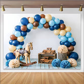 Lofaris Rustic Baby Shower Backdrop with Blue and Brown Balloons, Wooden Toys, Elegant Photo Background for Newborn or Toddler Party