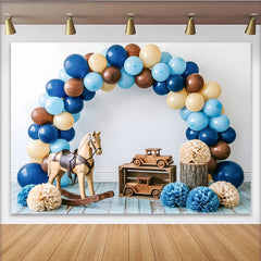 Lofaris Rustic Baby Shower Backdrop with Blue and Brown Balloons, Wooden Toys, Elegant Photo Background for Newborn or Toddler Party