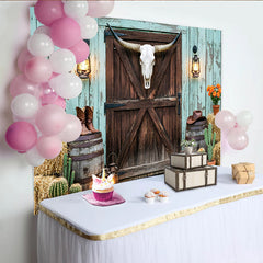 Capture Western Photography Backdrop with Longhorn Skull, Rustic Barn Door and Hay Bales Studio Background for Photoshoot