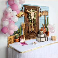 Lofaris Rustic Western Photography Backdrop with Bull Skull, Blue Wood Wall and Lanterns Studio Background for Photoshoot