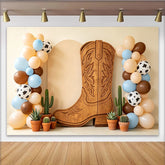 Lofaris Rustic Wooden Cowboy Boot Western Baby Shower Backdrop, Cow Print Balloons and Cacti Photography Background