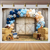 Lofaris Rustic Barn Door Cowboy Baby Shower Backdrop with Blue and Peach Balloons, Western Farm Photo Background for Boy Party Decor