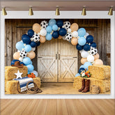 Lofaris Rustic Western Cowboy Birthday Backdrop with Blue Balloons and Cow Print, Farm Barn Door Photo Booth Prop