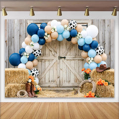 Lofaris Rustic Western Cowboy Birthday Backdrop with Blue Balloons, Farm Party Photo Background for Baby Shower or Photoshoot