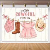 Lofaris Pink Cowgirl Baby Shower Backdrop with Boots, Hat and Dress, Rustic Wooden Background for Girl Party Decor