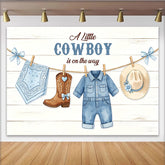 Lofaris Blue Cowboy Baby Shower Backdrop, Little Cowboy Is On The Way, White Wood Plank Photography Background with Baby Outfits