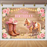 Lofaris Pink Cowgirl Horse Happy Birthday Backdrop with Floral Boots and Hat, Rustic Wooden Background for Girls Party Photography
