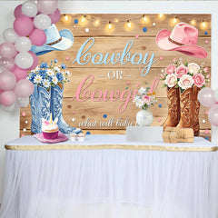 Lofaris Rustic Wood Cowboy or Cowgirl Gender Reveal Baby Shower Backdrop, Blue and Pink Western Theme Photography Background for Party