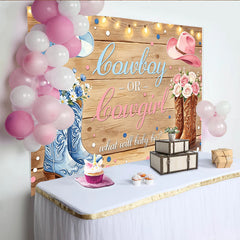 Lofaris Rustic Wood Cowboy or Cowgirl Gender Reveal Baby Shower Backdrop, Blue and Pink Western Theme Photography Background for Party