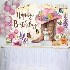 Lofaris Rustic Western Floral Birthday Backdrop with Pink Cowboy Hat and Boots, String Lights Photography Background for Party Decor