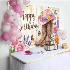 Lofaris Rustic Western Floral Birthday Backdrop with Pink Cowboy Hat and Boots, String Lights Photography Background for Party Decor