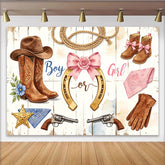 Lofaris Rustic Western Gender Reveal Baby Shower Backdrop with Cowboy Boots, Chic Horseshoe Design Photo Background for Party Decor