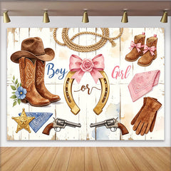 Lofaris Rustic Western Gender Reveal Baby Shower Backdrop with Cowboy Boots, Chic Horseshoe Design Photo Background for Party Decor