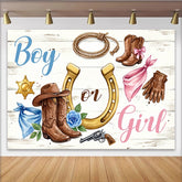 Lofaris Western Boy or Girl Gender Reveal Baby Shower Backdrop, Rustic Cowboy Boots and Horseshoe Wooden Background for Photoshoot.