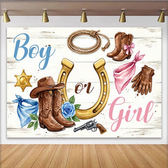 Lofaris Western Boy or Girl Gender Reveal Baby Shower Backdrop, Rustic Cowboy Boots and Horseshoe Wooden Background for Photoshoot.