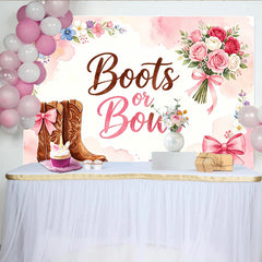 Lofaris Pink Boots or Bows Gender Reveal Baby Shower Backdrop with Cowboy Boots and Flowers, Rustic Party Decor for Gender Reveal Photos