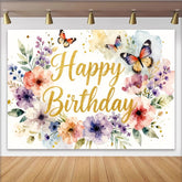 Lofaris Glitter Gold Happy Birthday Floral Butterfly Backdrop with Watercolor Flowers, Elegant Party Decoration for Girls Photo Booth