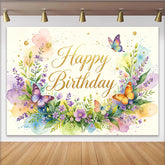 Lofaris Watercolor Floral Butterfly Happy Birthday Backdrop with Glitter, Pastel Party Decoration Background for Photoshoot