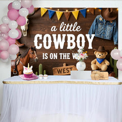 Lofaris Rustic Wood Cowboy Baby Shower Backdrop for Boy, Western Theme Party Decor with Bull Skull, Boots and Cacti for Photoshoot