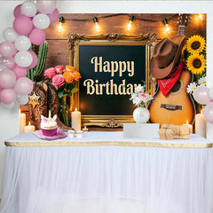 Lofaris Rustic Western Happy Birthday Backdrop with Cowboy Boots, Guitar and Cactus, Wood Wall Photography Background for Party Decor