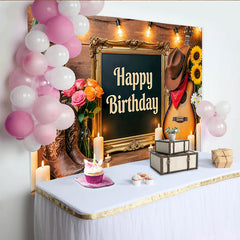 Lofaris Rustic Western Happy Birthday Backdrop with Cowboy Boots, Guitar and Cactus, Wood Wall Photography Background for Party Decor