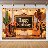 Lofaris Rustic Western Cowboy Birthday Backdrop with Guitar and Boots, Cactus, String Lights Party Background for Photo Booth